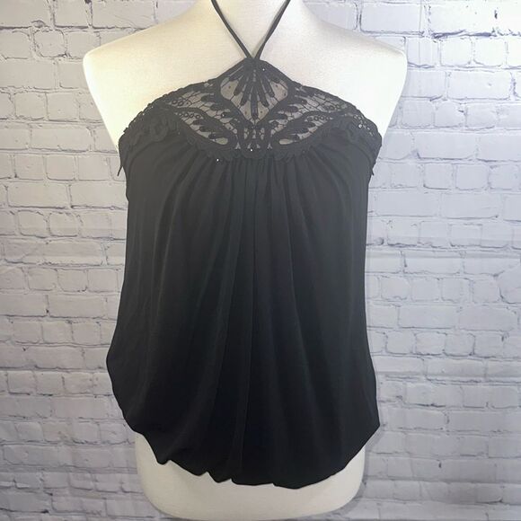 🖤 BCBG Black Halter Style Top - Size Small - Lace Detail - Silky Feel - Picture 1 of 6